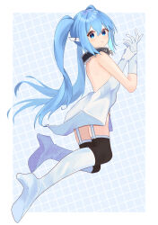 Rule 34 | 1girl, absurdres, blue eyes, blue hair, blush, boots, border, chain, collar, dress, full body, garter straps, gloves, hair between eyes, high heels, highres, knee boots, light blush, long hair, looking at viewer, nymph (sora no otoshimono), outside border, parted lips, robot ears, shishiodoshi, solo, sora no otoshimono, twintails, white border, white dress, white footwear, white garter straps, white gloves