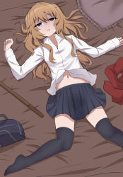 Rule 34 | 1girl, absurdres, aisaka taiga, bag, bed, bed sheet, black skirt, black thighhighs, breasts, brown eyes, brown hair, collarbone, collared shirt, corpse, crying, death, drooling, empty eyes, female focus, from above, futon, half-closed eyes, hand up, highres, jacket, long hair, long sleeves, lying, navel, night, no shoes, on back, on bed, open mouth, outstretched arms, outstretched hand, pillow, pleated skirt, red jacket, saliva, school uniform, shirt, skirt, solo, spread legs, streaming tears, sword, tears, teeth, thighhighs, toradora!, upper teeth only, weapon, white shirt, wing collar, wooden sword