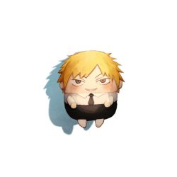 Rule 34 | 1boy, black necktie, black pants, blonde hair, brown eyes, chainsaw man, champi, collared shirt, denji (chainsaw man), looking at viewer, necktie, pants, sharp teeth, shirt, short hair, simple background, smile, solo, spiked hair, stuffed toy, teeth, white background, white shirt