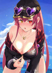 Rule 34 | 1girl, alternate hairstyle, bare shoulders, black hat, black jacket, blue sky, blush, breasts, cleavage, cocoablue23, collarbone, commentary request, day, downblouse, earrings, eyewear on head, hair ribbon, hat, heart, heart-shaped eyewear, heart-shaped pupils, heterochromia, highres, hololive, houshou marine, houshou marine (summer), jacket, jewelry, large breasts, leaning forward, long hair, long sleeves, looking at viewer, necklace, ocean, off shoulder, open mouth, outdoors, red eyes, red hair, ribbon, sky, solo, sunglasses, swimsuit, symbol-shaped pupils, unzipping, virtual youtuber, yellow eyes