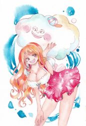 Rule 34 | 1boy, 1girl, breasts, cleavage, dirndl, german clothes, large breasts, long hair, nami (one piece), nami (one piece) (whole cake island), one piece, orange hair, smile, zeus (one piece)