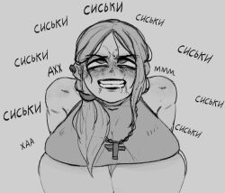 Rule 34 | 1girl, ahegao, averting eyes, bad source, blush, breasts, cross, cross necklace, docedemilky, drooling, facing viewer, greyscale, hanging breasts, huge breasts, jewelry, mature female, medium hair, monochrome, necklace, solo, translated