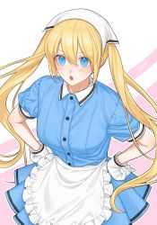 Rule 34 | 1girl, :o, angry, aoao re rerure, apron, blend s, blonde hair, blue dress, blue eyes, blush, breasts, buttons, collared dress, dress, frilled apron, frills, gloves, hair between eyes, hands on own hips, head scarf, highres, hinata kaho, long hair, medium breasts, pleated dress, short dress, short sleeves, solo, stile uniform, tsundere, twintails, uniform, very long hair, waist apron, waitress, white apron, white gloves, white headwear