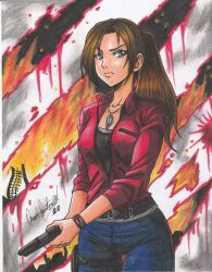 Rule 34 | 1girl, 2020, absurdres, artist name, belt, black shirt, blood, blue eyes, bracelet, brown hair, capcom, claire redfield, collarbone, cowboy shot, debris, denim, female focus, fire, gun, highres, holding, holding gun, holding weapon, jacket, jeans, jewelry, long hair, pants, parted lips, partially unzipped, pendant, ponytail, ravernclouk design, red jacket, resident evil, resident evil 2, resident evil 2 (remake), shirt, solo, standing, traditional media, weapon