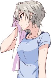 1girl anastasia_(idolmaster) blue_eyes blue_shirt collarbone eyelashes female_focus idolmaster idolmaster_cinderella_girls keikesu shirt short_hair silver_hair simple_background solo sweat t-shirt towel white_background wiping_sweat