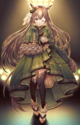 Rule 34 | 1girl, ;o, animal ears, backlighting, black thighhighs, bow, braid, breasts, brown eyes, brown hair, brown neckwear, commentary request, cropped jacket, ear ribbon, frilled sleeves, frills, full body, green jacket, green skirt, hair between eyes, half updo, hand up, highres, horse ears, horse girl, horse tail, jacket, lace, lace-trimmed skirt, lace trim, large breasts, light particles, long hair, long sleeves, looking at viewer, one eye closed, parted lips, satono diamond (umamusume), shirt, shoes, skirt, sleeves past fingers, sleeves past wrists, solo, spotlight, standing, tail, thighhighs, umamusume, underbust, very long hair, white footwear, white shirt, yue (lov n n)