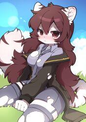 Rule 34 | 1girl, :&lt;, animal ears, artist request, bad id, bad twitter id, black jacket, blue sky, blush, breasts, collared dress, commission, day, dress, furry, furry female, garter straps, grass, highres, inactive account, jacket, lens flare, long hair, messy hair, necktie, original, outdoors, purple dress, purple necktie, second-party source, sitting, sky, solo, tail, tears, thighhighs, torn clothes, torn dress, torn thighhighs