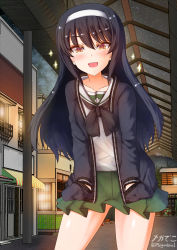 Rule 34 | 1girl, black hair, blush, breasts, brown eyes, collarbone, girls und panzer, gluteal fold, green skirt, hair ornament, hairband, hands in pockets, highres, jacket, long hair, megadeko, microskirt, ooarai school uniform, open mouth, outdoors, pleated skirt, reizei mako, school uniform, skirt, sky, small breasts, smile, solo
