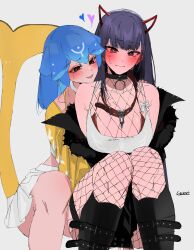 Rule 34 | 2girls, absurdres, akuma nihmune, artist name, bao (vtuber), blue hair, blush, bra, breasts, brown eyes, carrot 011, cetacean tail, commentary, demon girl, demon horns, fins, fish tail, fishnets, hair between eyes, heart, highres, horns, hug, indie virtual youtuber, jacket, large breasts, long hair, miniskirt, mole, mole under eye, multiple girls, open mouth, simple background, sitting, skirt, symbol-only commentary, tail, teeth, tongue, underwear, virtual youtuber, watermark, whale girl, white background, yuri
