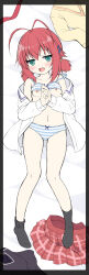 1girl absurdres antenna_hair bare_shoulders black_border black_socks blue_eyes blush border bow bow_bra bow_panties bra bra-ban! bra_lift breasts brown_sweater collarbone collared_shirt commentary ebihara_minase fang hair_ornament hairclip highres looking_at_viewer low_twintails navel nipples no_shoes off_shoulder open_clothes open_mouth open_shirt own_hands_together panties plaid_clothes plaid_skirt pleated_skirt red_hair red_skirt sakuraba_hikaru_(loveindog) shirt short_twintails sidelocks skirt small_breasts socks solo striped_bra striped_clothes striped_panties sweater symbol-only_commentary twintails underwear unworn_skirt unworn_sweater white_shirt