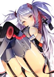 Rule 34 | 1girl, absurdres, arm up, azur lane, black gloves, black panties, boots, breasts, commentary request, cross, detached sleeves, garter straps, gloves, gradient hair, highres, iron cross, legs together, long hair, long sleeves, looking at viewer, medium breasts, multicolored hair, panties, prinz eugen (azur lane), red eyes, red hair, sideboob, silver hair, simple background, solo, thigh boots, thighhighs, thighs, twintails, two-tone hair, two side up, underwear, wakamore (getguacamole), white background