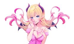 Rule 34 | 1girl, aqua eyes, blonde hair, breasts, cleavage, commentary request, demon horns, demon wings, dress, hand on own chest, highres, holding, holding paper, holding up, hololive, horns, lingerie, lips, long hair, looking at viewer, mousou zei (vocaloid), nail polish, noyama (noyama8888), open mouth, paper, pointy ears, simple background, solo, strapless, strapless dress, underwear, upper body, virtual youtuber, vocaloid, white background, wings, yuzuki choco, yuzuki choco (1st costume)