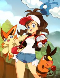 Rule 34 | 1girl, :d, bad id, bad twitter id, bag, baseball cap, blue eyes, blush stickers, breasts, brown hair, commentary, creatures (company), day, denim, denim shorts, english commentary, exposed pocket, fang, fangs, flying, game freak, gen 3 pokemon, gen 5 pokemon, hand on own hip, handbag, hat, hilda (pokemon), holding, holding poke ball, legendary pokemon, mythical pokemon, nintendo, open mouth, optionaltypo, poke ball, poke ball (basic), pokemon, pokemon (creature), pokemon bw, red bag, shorts, small breasts, smile, swablu, tank top, teeth, tepig, upper teeth only, vest, victini, wristband