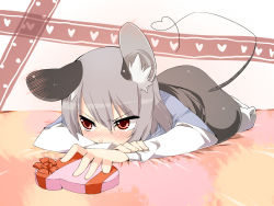 Rule 34 | 1girl, akagashi hagane, animal ears, bad id, bad pixiv id, blush, ear blush, embarrassed, female focus, grey hair, heart, heart tail, highres, lying, mouse ears, mouse tail, nazrin, on stomach, red eyes, short hair, solo, tail, touhou, valentine