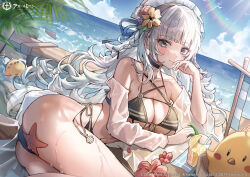 Rule 34 | 1girl, absurdres, arm support, ass, azur lane, bare shoulders, beach, bikini, blunt bangs, breasts, cleavage, closed mouth, commentary request, copyright logo, copyright notice, dated, flower, grey eyes, grey hair, hair flower, hair ornament, hair ribbon, highres, large breasts, long hair, long sleeves, looking at viewer, lying, manjuu (azur lane), mungduck, official art, on side, outdoors, ribbon, smile, solo, starfish, swimsuit, vittorio veneto (azur lane), wet