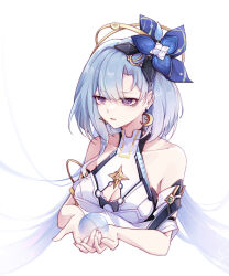 Rule 34 | 1girl, absurdres, aged up, bare shoulders, blue flower, blue hair, breasts, chinese commentary, cleavage, cleavage cutout, clothing cutout, collarbone, cropped torso, dress, earrings, flower, griseo, griseo (cosmic expression), hair flower, hair ornament, highres, honkai (series), honkai impact 3rd, jewelry, long hair, medium breasts, open mouth, orb, purple eyes, shuiyinzijun, simple background, sleeveless, sleeveless dress, solo, upper body, white background, white dress