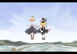 Rule 34 | 2girls, alice margatroid, bad id, bad pixiv id, blonde hair, from behind, holding hands, hat, kirisame marisa, letterboxed, long hair, multiple girls, non (z-art), short hair, touhou, witch hat