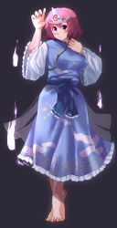 Rule 34 | 1girl, absurdres, barefoot, blue dress, blue sash, blush, breasts, china dress, chinese clothes, closed mouth, cloud print, commentary, cookie (touhou), covered erect nipples, dress, frilled kimono, frills, fuka (kantoku), grey background, highres, hitodama, japanese clothes, kimono, large breasts, long sleeves, looking at viewer, obi, pink eyes, pink hair, saigyouji yuyuko, sash, short hair, simple background, smile, solo, star (symbol), star print, touhou, triangular headpiece, vvan (cookie), wide sleeves