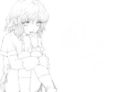 Rule 34 | 1girl, arm warmers, convenient leg, feet out of frame, greyscale, hand to own mouth, knees together feet apart, mizuhashi parsee, monochrome, negative space, pointy ears, sasaka1185, scarf, short hair, short sleeves, sitting, solo, touhou