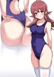 Rule 34 | 1girl, absurdres, adjusting clothes, adjusting swimsuit, arms behind back, ass, ass focus, blue one-piece swimsuit, brown eyes, brown hair, competition swimsuit, covered navel, cropped legs, highleg, highleg swimsuit, highres, idolmaster, idolmaster shiny colors, itou souta, komiya kaho, long hair, multiple views, one-piece swimsuit, simple background, swimsuit, thighhighs, wedgie, white background, white thighhighs