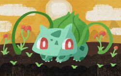Rule 34 | absurdres, bright pupils, bulbasaur, claws, cloud, coopoppo, creatures (company), dirt, faux traditional media, game freak, garden, gen 1 pokemon, highres, nintendo, no humans, no mouth, orange sky, plant, pokemon, pokemon (creature), red eyes, sky, solo, sprout, sun, vines, white pupils