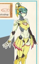 Rule 34 | 1girl, aqua eyes, armor, blush, cleavage cutout, clothing cutout, humanoid robot, joints, jpeg artifacts, mecha, mechanical arms, mechanical legs, mechanical parts, no humans, no mouth, open hand, original, ponytail, robot, robot joints, shion humine, yellow armor