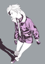 Rule 34 | 1girl, absurdres, boots, closed mouth, earrings, gloves, grey background, highres, jacket, jewelry, leo (reiga), long sleeves, looking at viewer, necktie, original, profile, purple theme, reiga (act000), short hair, short shorts, shorts, simple background, smile, solo, standing