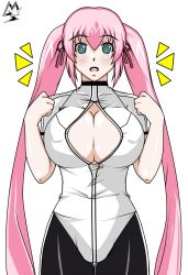 Rule 34 | 10s, :o, breasts, cellshadfan, center opening, cleavage, green eyes, hagure yuusha no estetica, highres, large breasts, long hair, no bra, ousawa miu, pink hair, ribbon, simple background, surprised, thigh gap, twintails, very long hair, watermark, white background