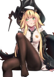 Rule 34 | 1girl, arknights, averting eyes, black hat, black jacket, black necktie, black pantyhose, blush, collared shirt, dragon girl, dragon horns, dragon tail, green eyes, hat, highres, horns, invisible chair, jacket, knee up, necktie, no shoes, open mouth, pantyhose, reed (arknights), reed the flame shadow (arknights), reed the flame shadow (curator) (arknights), shirt, simple background, sitting, solo, striped necktie, tail, white background, white shirt, yamauchi (conan-comy)