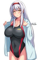 Rule 34 | 1girl, black one-piece swimsuit, breasts, competition swimsuit, covered navel, cowboy shot, dated, hairband, headband, highres, jacket, kantai collection, large breasts, long hair, montemasa, one-hour drawing challenge, one-piece swimsuit, open clothes, open jacket, red hairband, red headband, shoukaku (kancolle), simple background, solo, swimsuit, twitter username, white background, white hair, white jacket, yellow eyes