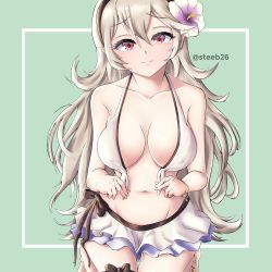Rule 34 | 1girl, absurdres, artist request, bikini, breasts, closed mouth, corrin (female) (fire emblem), corrin (female) (summer) (fire emblem), corrin (fire emblem), fire emblem, fire emblem fates, fire emblem heroes, flower, hair flower, hair ornament, hairband, highres, large breasts, long hair, navel, nintendo, official alternate costume, pointy ears, red eyes, simple background, smile, solo, standing, steeb, swimsuit, twitter username, undressing, white hair