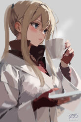 Rule 34 | 1girl, alternate costume, artist logo, blonde hair, cup, gloves, graf zeppelin (kancolle), grey eyes, hair between eyes, haruto (harut n), kantai collection, red gloves, red shirt, robe, saucer, shirt, sidelocks, solo, steepled fingers, tsurime, twintails, upper body, white robe