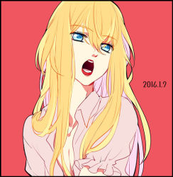 Rule 34 | 1boy, androgynous, black border, blonde hair, blue eyes, border, collared shirt, dated, dress shirt, frilled sleeves, frills, hair between eyes, long hair, looking afar, male focus, messy hair, midare toushirou, open mouth, pectoral cleavage, pectorals, pink shirt, red background, red lips, reeena, shirt, short sleeves, simple background, solo, touken ranbu, upper body
