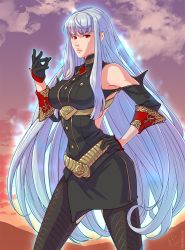 Rule 34 | 00s, 1girl, belt, breasts, cowboy shot, female focus, gloves, glowing, hand on own hip, large breasts, long hair, looking at viewer, outdoors, pantyhose, red eyes, selvaria bles, senjou no valkyria (series), shunkaku, silver hair, sky, solo, very long hair