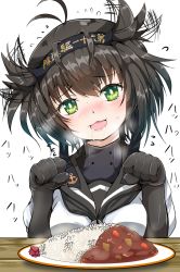 Rule 34 | 1girl, akizuki shigure, anchor, anchor symbol, black bodysuit, black gloves, blush, bodysuit, breasts, breath, brown hair, clothes writing, corset, curry, curry rice, expressive hair, eyelashes, flying sweatdrops, food, gloves, green eyes, hachimaki, hair flaps, hairband, hatsuzuki (kancolle), head tilt, headband, heavy breathing, highres, kantai collection, looking at viewer, open mouth, paw pose, plate, rice, sailor collar, saliva, school uniform, short hair, simple background, solo, sound effects, steam, sweat, upper body, white background