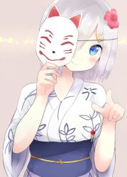 Rule 34 | 10s, 1girl, beige background, blue eyes, blush, female focus, flower, fox mask, grey hair, hair flower, hair ornament, hairpin, hamakaze (kancolle), highres, ichijou (kr neru0), japanese clothes, kantai collection, kimono, mask, noh mask, pointing, pointing at viewer, short hair, simple background, smile, solo, traditional clothes, upper body, yukata