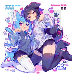 Rule 34 | 2girls, :d, absurdres, animal ear fluff, animal ears, black shorts, black skirt, black thighhighs, blue eyes, blush, cat ears, cat girl, cat tail, closed mouth, commentary request, dog ears, dog girl, floppy ears, full body, grey hoodie, heart, heterochromia, highres, hood, hoodie, long sleeves, looking at viewer, medium hair, milk carton, monster energy, multiple girls, no shoes, open mouth, original, paw pose, pink eyes, seiza, shorts, signature, sitting, skirt, smile, sweater, tail, thighhighs, uenomigi, white sweater, white thighhighs