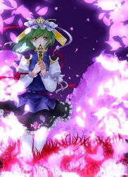 Rule 34 | 1girl, bad id, bad pixiv id, blue eyes, cherry blossoms, female focus, flower, green hair, hat, highres, nature, nayuzu, outdoors, petals, rod of remorse, shiki eiki, solo, spider lily, touhou