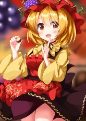 Rule 34 | 1girl, aki minoriko, apron, black skirt, blonde hair, blush, brown eyes, collared shirt, food, food-themed hat ornament, fruit, fruit hat ornament, grape hat ornament, grapes, hair between eyes, hat, hat ornament, highres, long sleeves, mob cap, open mouth, red apron, red hat, ruu (tksymkw), shirt, short hair, skirt, smile, solo, touhou, yellow shirt