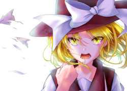 Rule 34 | 1girl, angry, blonde hair, bow, brown hat, brown shirt, clenched hand, crying, crying with eyes open, fedora, furious, hat, hat bow, open mouth, shirt, short hair, simple background, tears, touhou, touhou (pc-98), v-shaped eyebrows, wasabi sankiro, white background, white bow, yellow eyes, yuki (touhou)
