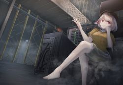 Rule 34 | 1girl, animal ears, arm up, bad id, bad pixiv id, bare legs, barefoot, blonde hair, breasts, cacao devil, catwalk, chair, commentary request, elbow rest, flat cap, floppy ears, foot out of frame, from below, hat, head rest, highres, indoors, leg lift, looking at viewer, medium breasts, parted lips, rabbit ears, red eyes, ringo (touhou), server, shirt, short hair, short sleeves, shorts, sitting, smile, smoke, solo, striped clothes, striped shorts, swept bangs, touhou, warehouse, yellow shirt