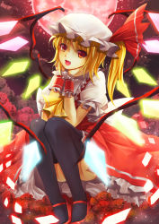 Rule 34 | 1girl, ascot, black thighhighs, blonde hair, crystal, embodiment of scarlet devil, fang, female focus, flandre scarlet, flower, full moon, glowing, glowing wings, grey flower, grey rose, hat, head rest, highres, mary janes, moon, open mouth, petals, red eyes, red moon, rose, shoes, short hair, side ponytail, sola (sola04), solo, thighhighs, touhou, wings, wrist cuffs
