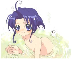 Rule 34 | 1girl, ass, blue hair, blush, curly hair, flat chest, looking at viewer, nipples, nude, oekaki, partially submerged, short hair, smile, solo, water