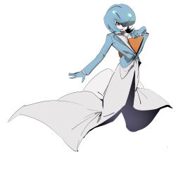 Rule 34 | 1girl, absurdres, alternate color, blue hair, blue jacket, blue skin, bob cut, closed mouth, collared dress, colored eyelashes, colored skin, creatures (company), dress, expressionless, female focus, flat chest, full body, game freak, gardevoir, gen 3 pokemon, hair over one eye, hand up, highres, jacket, long sleeves, looking at viewer, multicolored skin, nintendo, one eye covered, pokemon, pokemon (creature), red eyes, shiny pokemon, short hair, simple background, sketch, solo, standing, tlqkf, two-tone skin, white background, white dress, white skin