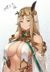Rule 34 | 1girl, bare legs, bare shoulders, blonde hair, blurry, bracelet, breast curtains, breasts, circlet, cleavage, closed mouth, commentary, depth of field, earrings, elf, english commentary, covered erect nipples, feet out of frame, green eyes, hair ornament, hand on own knee, highres, houtengeki, houtengeki&#039;s elf girl, jewelry, large breasts, leaf hair ornament, crossed legs, long hair, looking at viewer, navel, original, pointy ears, revealing clothes, sidelocks, sitting, solo, straight hair, throne, very long hair, white legwear