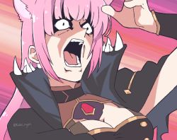 Rule 34 | 1girl, animal ears, breasts, cleavage, cleavage cutout, clothing cutout, hololive, hololive english, kaiba seto, kukie-nyan, mori calliope, open mouth, parody, purple hair, shoulder spikes, solo, spikes, teeth, tongue, twitter username, virtual youtuber, yu-gi-oh!, yu-gi-oh! duel monsters