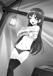 Rule 34 | 1girl, blush, blush stickers, changing clothes, character request, clothes lift, embarrassed, female focus, greyscale, highres, isekai wa smartphone to tomo ni., lifted by self, long hair, looking at viewer, monochrome, navel, nia belmott, novel illustration, official art, open mouth, panties, shirt lift, skindentation, solo, standing, tent, thighhighs, thighs, underwear, undressing, usatsuka eiji, very long hair