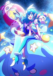 Rule 34 | 2girls, animal ears, blue dress, blue eyes, blue hair, blue panties, braid, cat ears, closed mouth, commentary, cure cosmo, cure milky, dress, ear piercing, earrings, floating, fuwa (precure), hagoromo lala, hair ornament, highres, jewelry, long hair, low twin braids, magical girl, mao (precure), medium hair, multicolored hair, multiple girls, open mouth, panties, piercing, pink hair, pointy ears, pouch, precure, prunce (precure), see-through, see-through sleeves, shooting star hair ornament, short dress, short sleeves, single leg pantyhose, sitting, smile, space, spacecraft, star (symbol), star earrings, star hair ornament, star twinkle precure, streaked hair, twin braids, underwear, zerolay