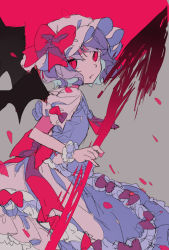 Rule 34 | 1girl, ascot, back bow, bat wings, bow, busujima (kusahana), closed mouth, commentary request, dress, dress bow, expressionless, fang, frilled dress, frilled sleeves, frills, from side, gradient background, grey background, hat, hat bow, highres, holding, holding weapon, light purple hair, looking to the side, mob cap, one-hour drawing challenge, petals, pink dress, puffy short sleeves, puffy sleeves, red ascot, red bow, red eyes, remilia scarlet, short hair, short sleeves, slit pupils, solo, spear the gungnir, touhou, weapon, wings, wrist cuffs