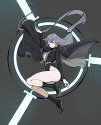 Rule 34 | 1girl, absurdres, arm up, belt, black cape, black footwear, blush, boots, breasts, cape, closed eyes, commentary request, expressionless, full body, gloves, grey belt, grey hair, highleg, highleg leotard, highres, leotard, long hair, medium breasts, original, parted lips, rusellunt, solo, sword, thighs, very long hair, weapon, white gloves